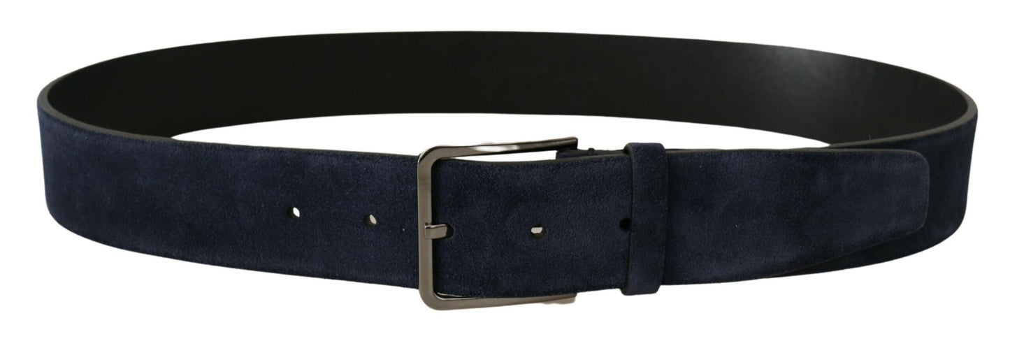 Dolce &amp; Gabbana Marineblauer Samtledergürtel mit silberner Logoschnalle