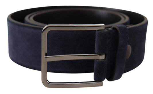 Dolce &amp; Gabbana Marineblauer Samtledergürtel mit silberner Logoschnalle