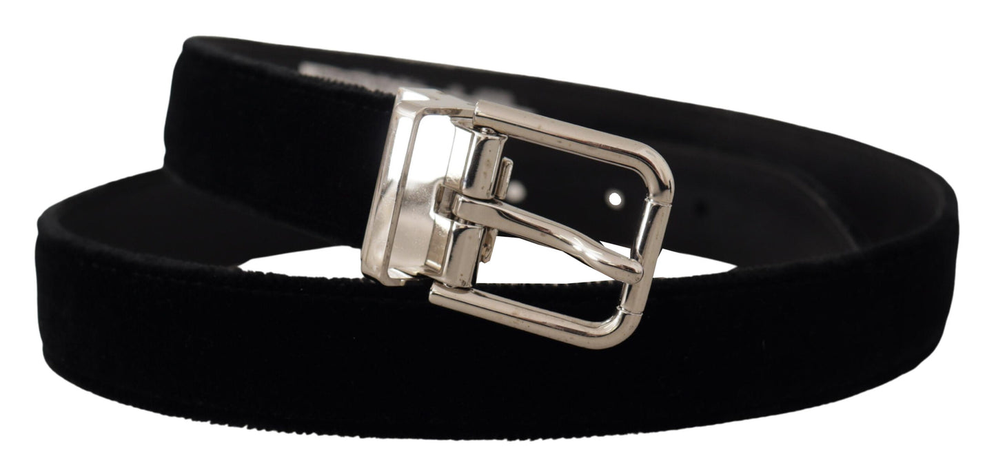 Dolce &amp; Gabbana – Schwarzer Samtgürtel mit silberfarbener Metallschnalle und Logo