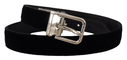Dolce &amp; Gabbana – Schwarzer Samtgürtel mit silberfarbener Metallschnalle und Logo