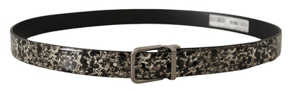 Dolce &amp; Gabbana – Schwarzer Ledergürtel mit Marmormuster und silberner Logoschnalle