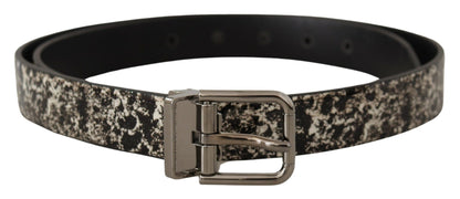 Dolce &amp; Gabbana – Schwarzer Ledergürtel mit Marmormuster und silberner Logoschnalle