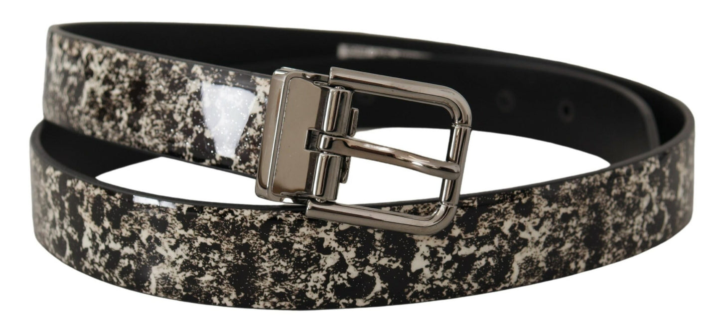 Dolce &amp; Gabbana – Schwarzer Ledergürtel mit Marmormuster und silberner Logoschnalle