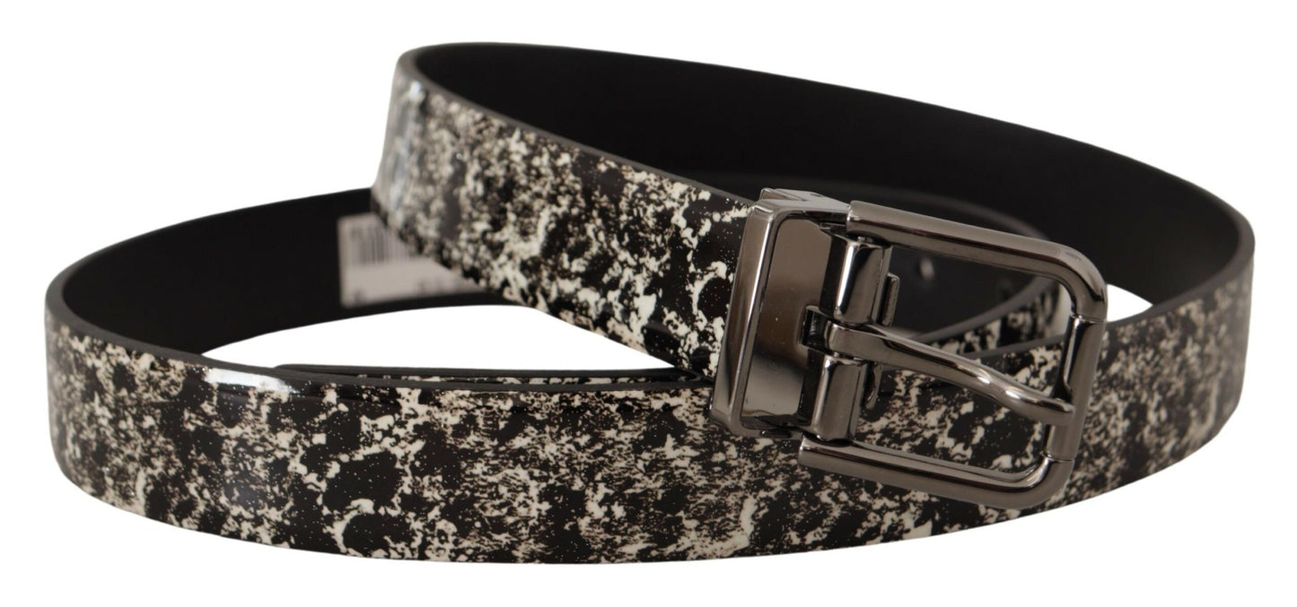 Dolce &amp; Gabbana Gürtel aus schwarzem Leder mit Marmor-Print und grauem Logo