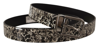 Dolce &amp; Gabbana Gürtel aus schwarzem Leder mit Marmor-Print und grauem Logo