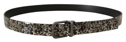 Dolce &amp; Gabbana Gürtel aus schwarzem Leder mit Marmor-Print und grauem Logo