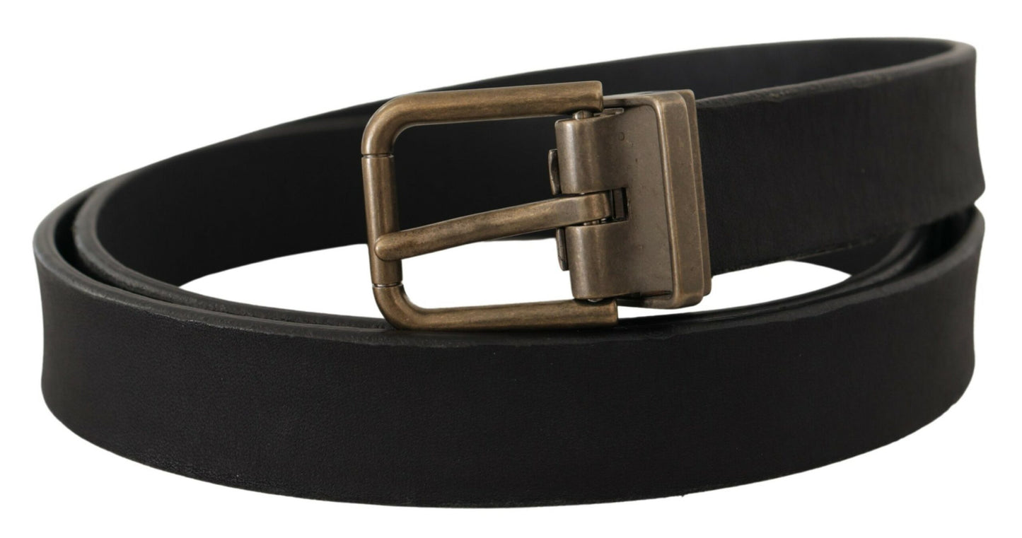 Dolce &amp; Gabbana – Klassischer Gürtel aus schwarzem Leder mit Messing-Metall-Maserung und Schnalle