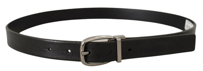 Dolce &amp; Gabbana Black Leather Silver Chrome Metal Logo Buckle Belt