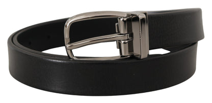 Dolce &amp; Gabbana Black Leather Silver Chrome Metal Logo Buckle Belt