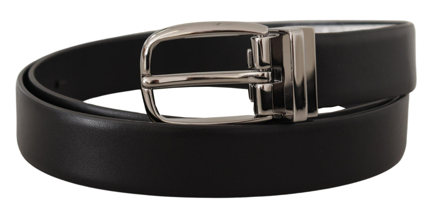 Dolce &amp; Gabbana Black Leather Silver Metal Chrome Logo Buckle Belt