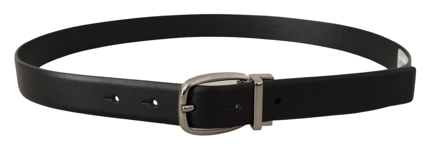 Dolce &amp; Gabbana Black Leather Silver Metal Chrome Logo Buckle Belt