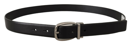 Dolce &amp; Gabbana Black Leather Silver Metal Chrome Logo Buckle Belt