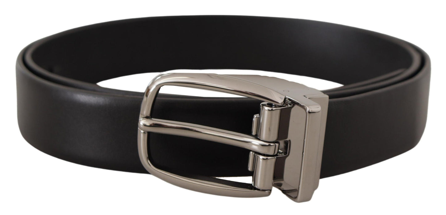 Dolce &amp; Gabbana Black Leather Silver Metal Chrome Logo Buckle Belt