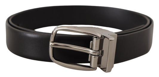 Dolce &amp; Gabbana Black Leather Silver Metal Chrome Logo Buckle Belt