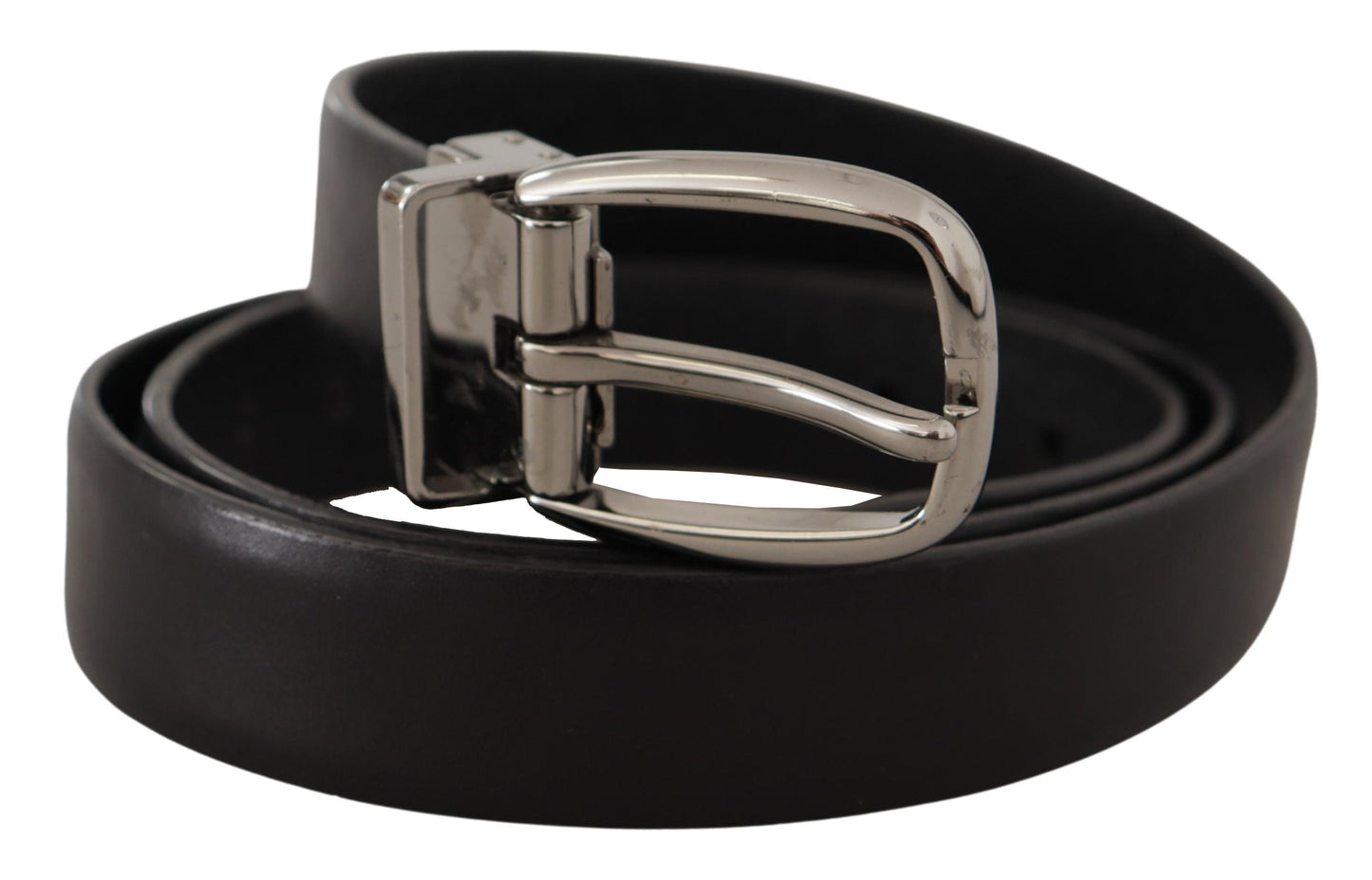 Dolce &amp; Gabbana Black Leather Chrome Logo Metal Buckle Belt