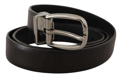 Dolce &amp; Gabbana Black Leather Chrome Logo Metal Buckle Belt