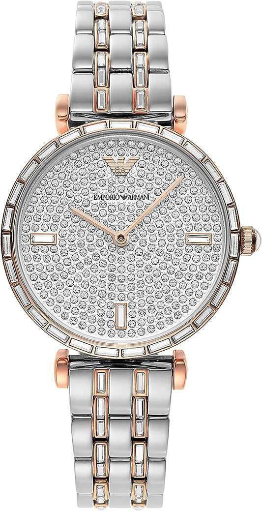 Emporio Armani – Elegante zweifarbige Armbanduhr mit Kristallpavé