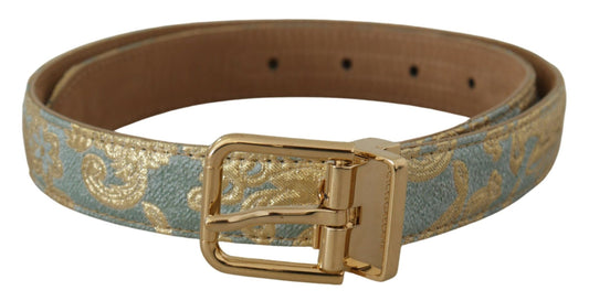 Dolce &amp; Gabbana – Blauer Ledergürtel aus Jacquard mit geprägter goldener Metallschnalle