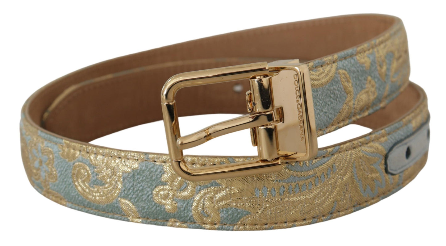 Dolce &amp; Gabbana – Blauer Ledergürtel aus Jacquard mit geprägter goldener Metallschnalle