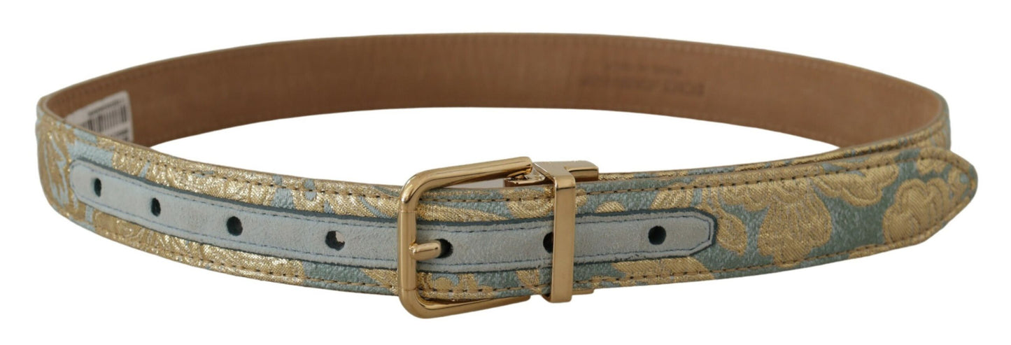 Dolce &amp; Gabbana – Blauer Ledergürtel aus Jacquard mit geprägter goldener Metallschnalle