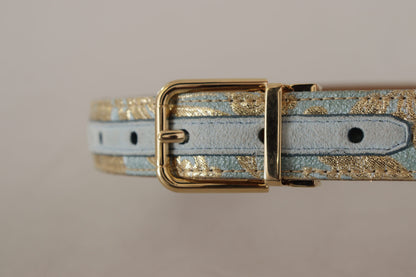 Dolce &amp; Gabbana – Blauer Ledergürtel aus Jacquard mit geprägter goldener Metallschnalle
