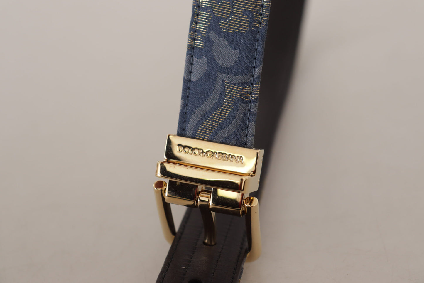 Dolce &amp; Gabbana – Marineblauer Jacquard-Gürtel mit goldfarbener Logo-Metallschnalle