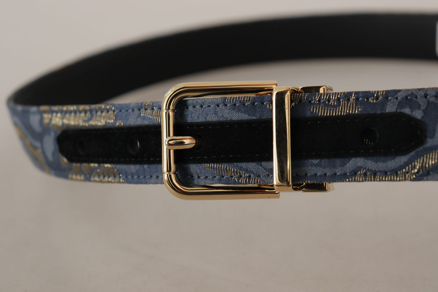 Dolce &amp; Gabbana – Marineblauer Jacquard-Gürtel mit goldfarbener Logo-Metallschnalle