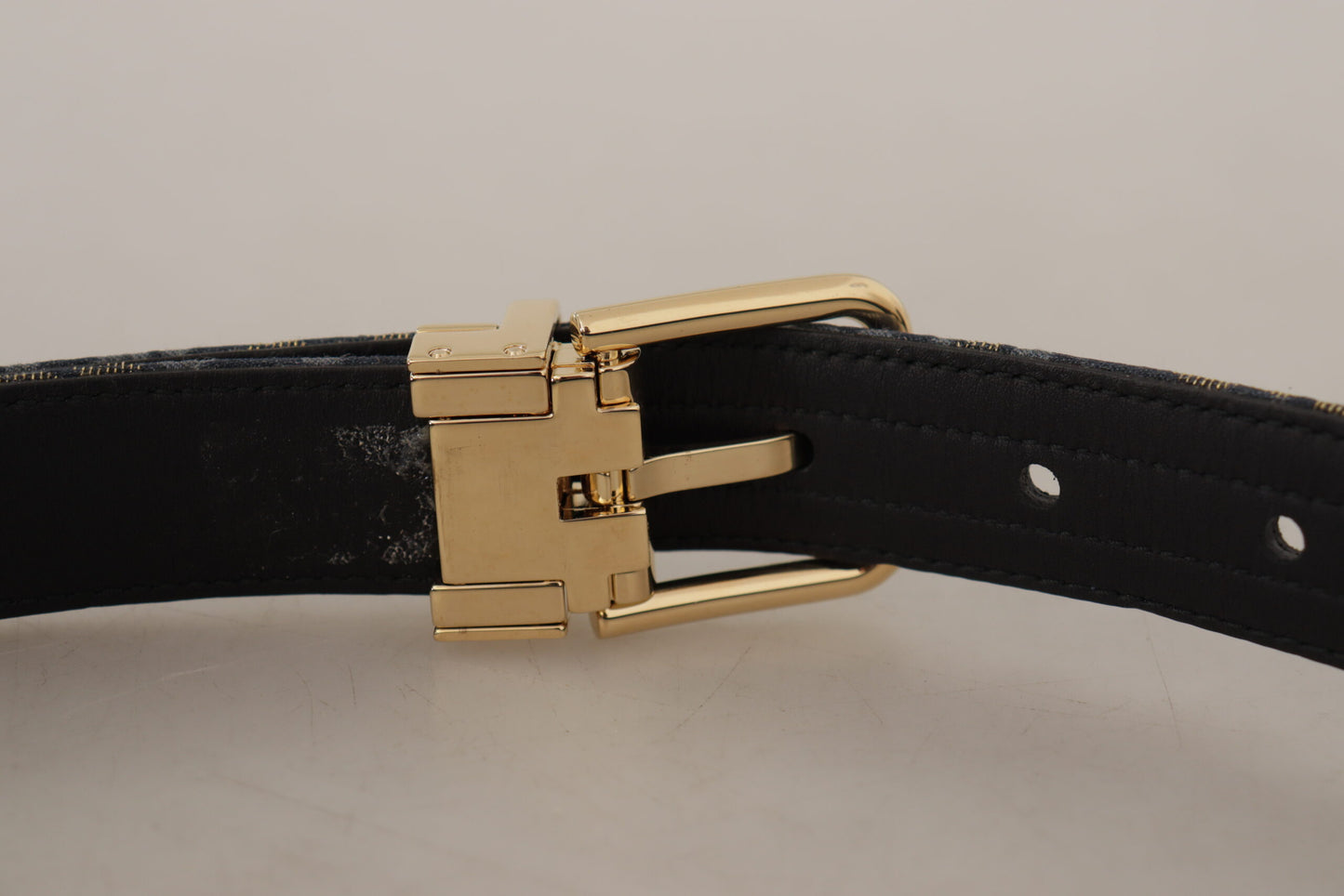 Dolce &amp; Gabbana – Marineblauer Jacquard-Gürtel mit goldfarbener Logo-Metallschnalle