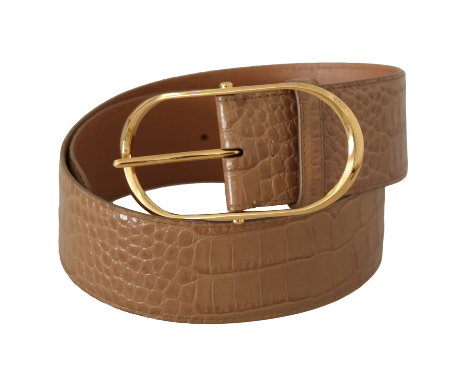 Dolce &amp; Gabbana Braun-Beige Ledergürtel mit ovaler Schnalle aus goldenem Metall