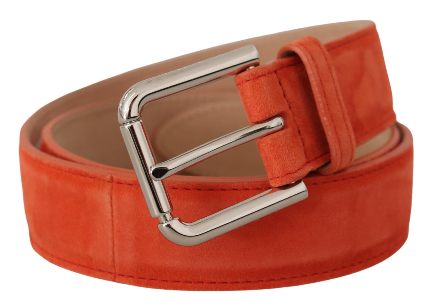 Dolce &amp; Gabbana – Orangefarbener Wildledergürtel mit silberner Logo-Metallschnalle