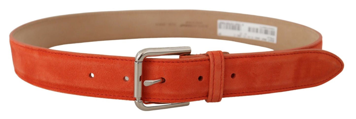 Dolce &amp; Gabbana – Orangefarbener Wildledergürtel mit silberner Logo-Metallschnalle