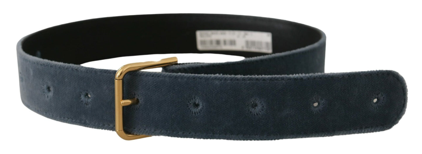 Dolce &amp; Gabbana Marineblauer Samtgürtel mit goldener Metalllogo-Schnalle
