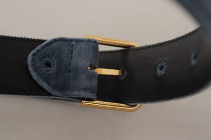 Dolce &amp; Gabbana Marineblauer Samtgürtel mit goldener Metalllogo-Schnalle