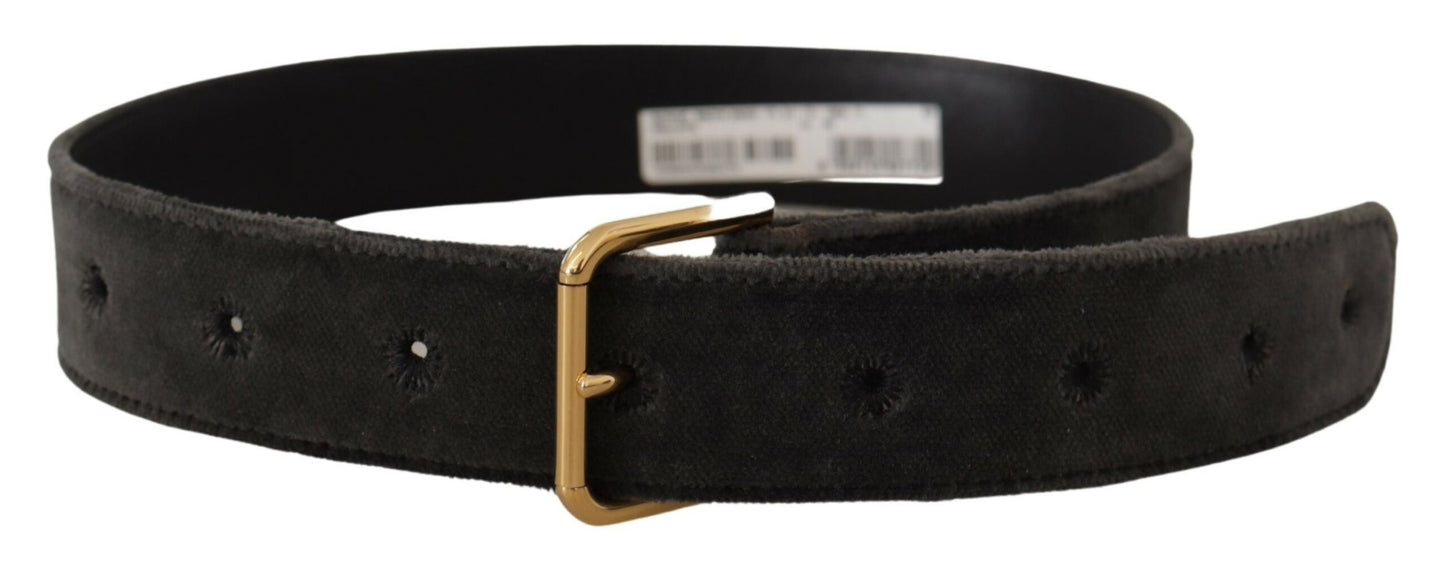 Dolce &amp; Gabbana – Brauner Samtgürtel mit goldfarbener Metallschnalle und Logo