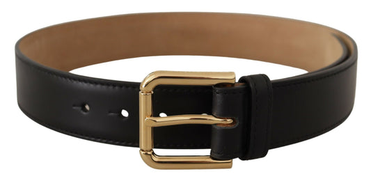 Dolce &amp; Gabbana Schwarzer, klassischer Taillengürtel aus massivem Leder mit goldener Schnalle