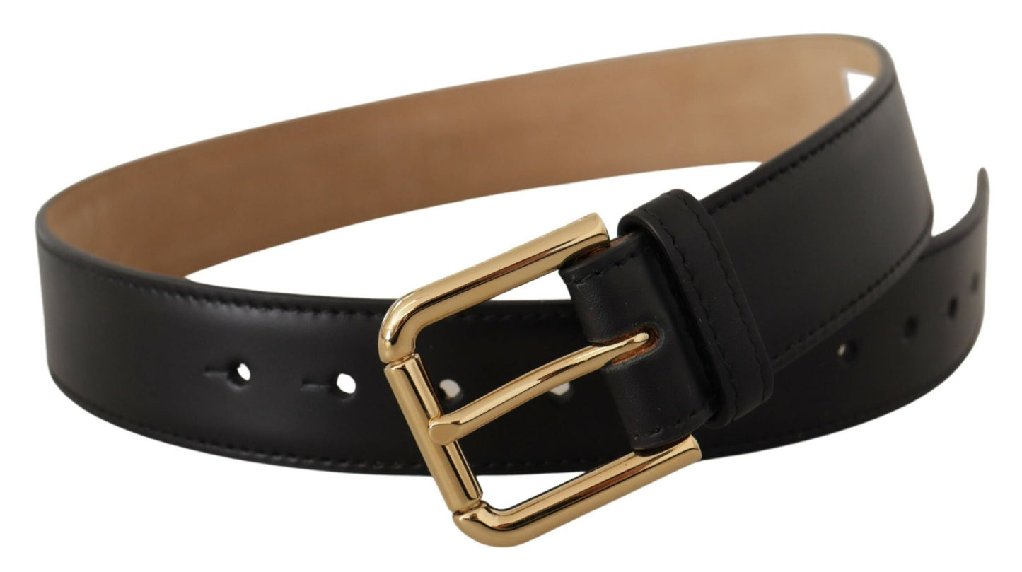 Dolce &amp; Gabbana Schwarzer, klassischer Taillengürtel aus massivem Leder mit goldener Schnalle