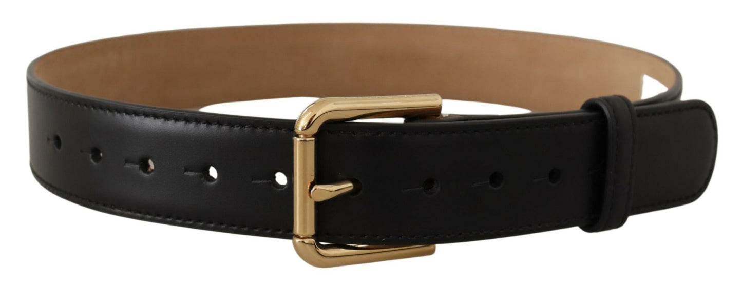 Dolce &amp; Gabbana Schwarzer, klassischer Taillengürtel aus massivem Leder mit goldener Schnalle