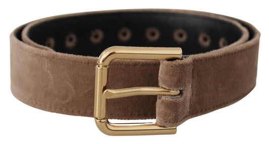 Dolce &amp; Gabbana – Hellbrauner Samtgürtel mit goldfarbener Logo-Metallschnalle