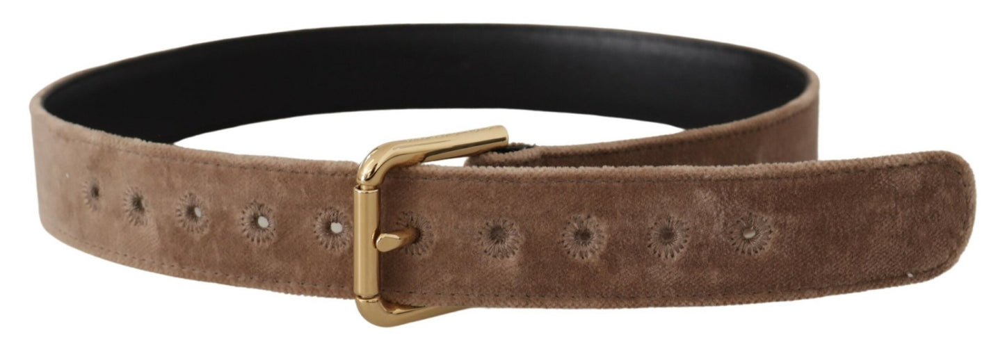 Dolce &amp; Gabbana – Hellbrauner Samtgürtel mit goldfarbener Logo-Metallschnalle