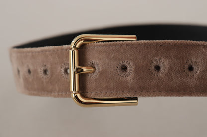 Dolce &amp; Gabbana – Hellbrauner Samtgürtel mit goldfarbener Logo-Metallschnalle