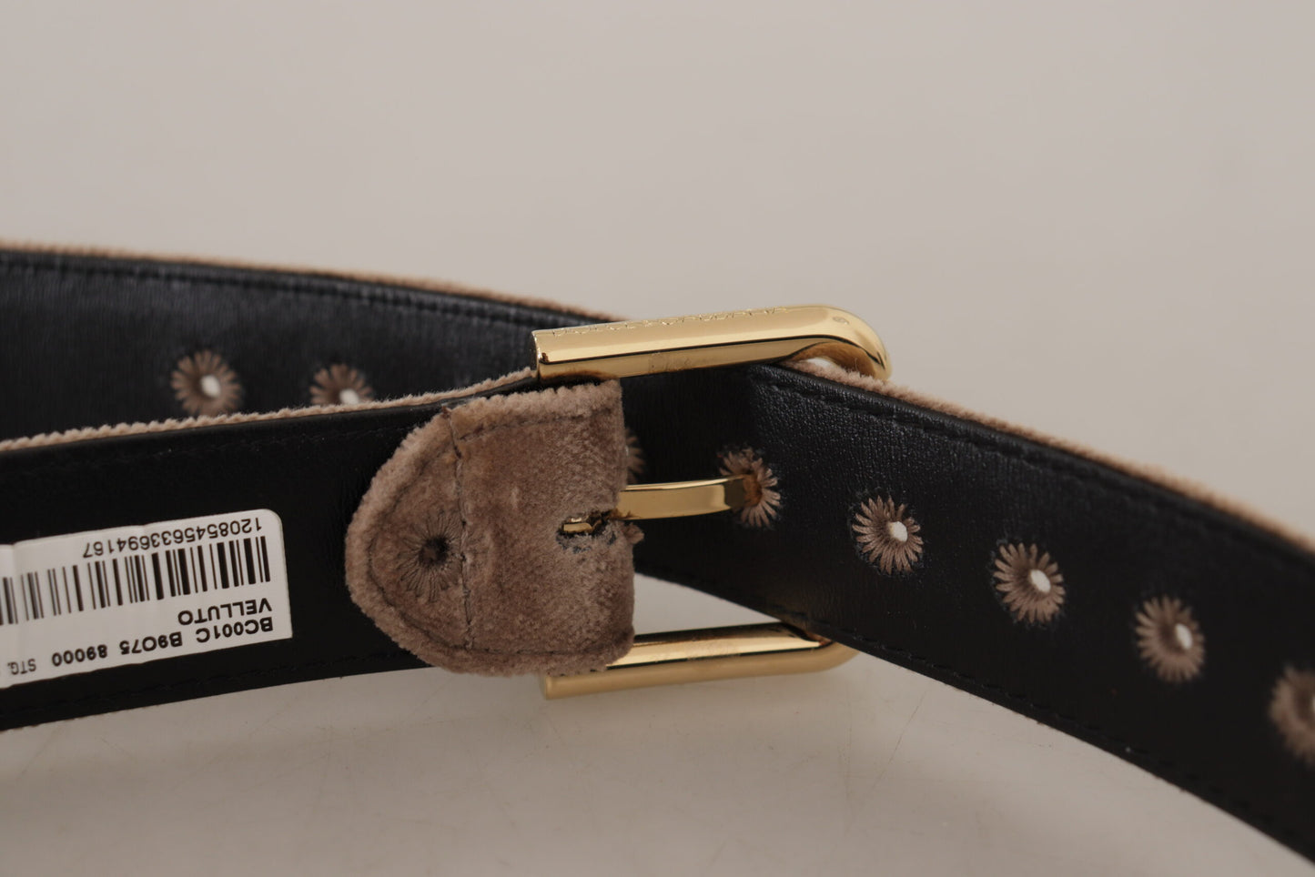 Dolce &amp; Gabbana – Hellbrauner Samtgürtel mit goldfarbener Logo-Metallschnalle