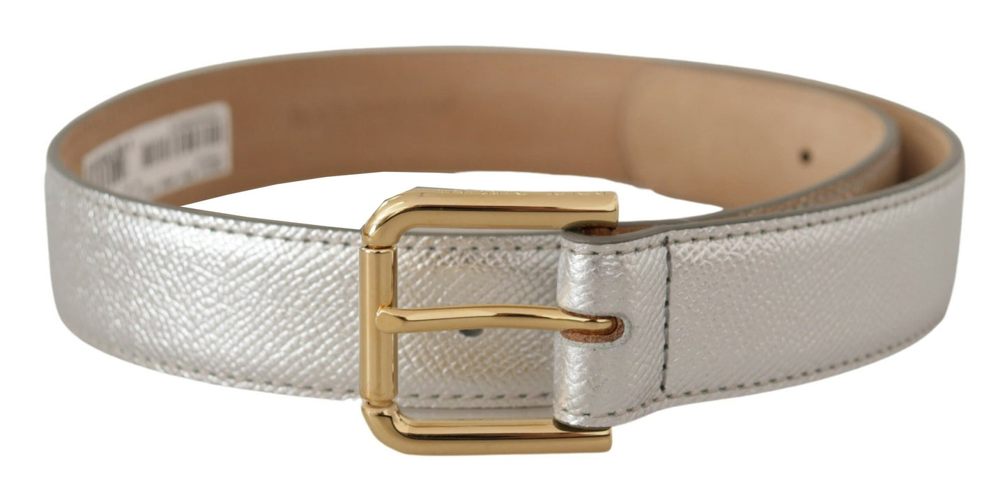Dolce &amp; Gabbana – Silberner Ledergürtel mit goldfarbener Metallschnalle und Logo