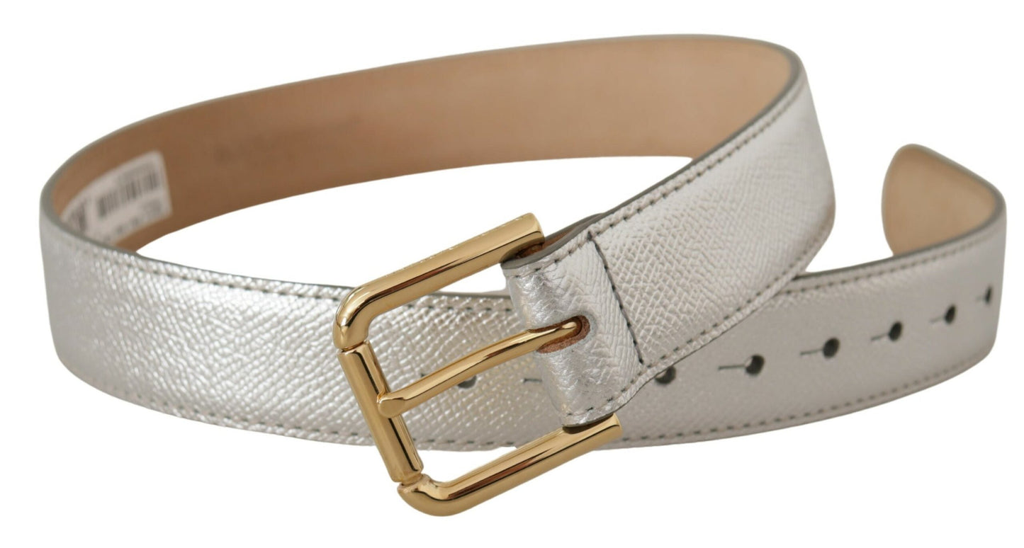 Dolce &amp; Gabbana – Silberner Ledergürtel mit goldfarbener Metallschnalle und Logo