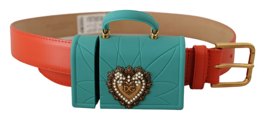Dolce &amp; Gabbana – Devotion – Mikrotasche aus orangefarbenem Leder mit Herzmotiv und Kopfhörergürtel