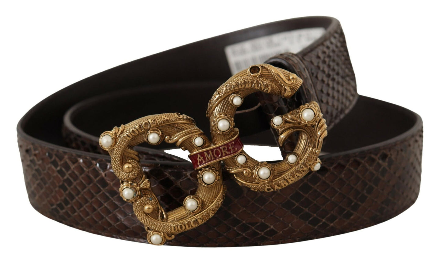 Dolce &amp; Gabbana Brauner Amore-Gürtel aus exotischem Leder mit Animal-Print und Logo-Schnalle