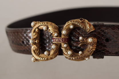 Dolce &amp; Gabbana Brauner Amore-Gürtel aus exotischem Leder mit Animal-Print und Logo-Schnalle