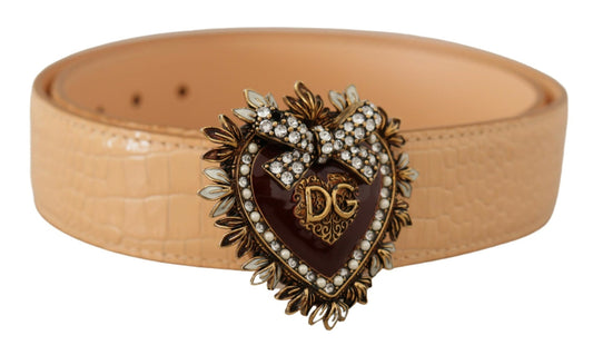 Dolce &amp; Gabbana – Beigefarbener DEVOTION-Gürtel mit Herz-DG-Schnalle und Krokodilmuster