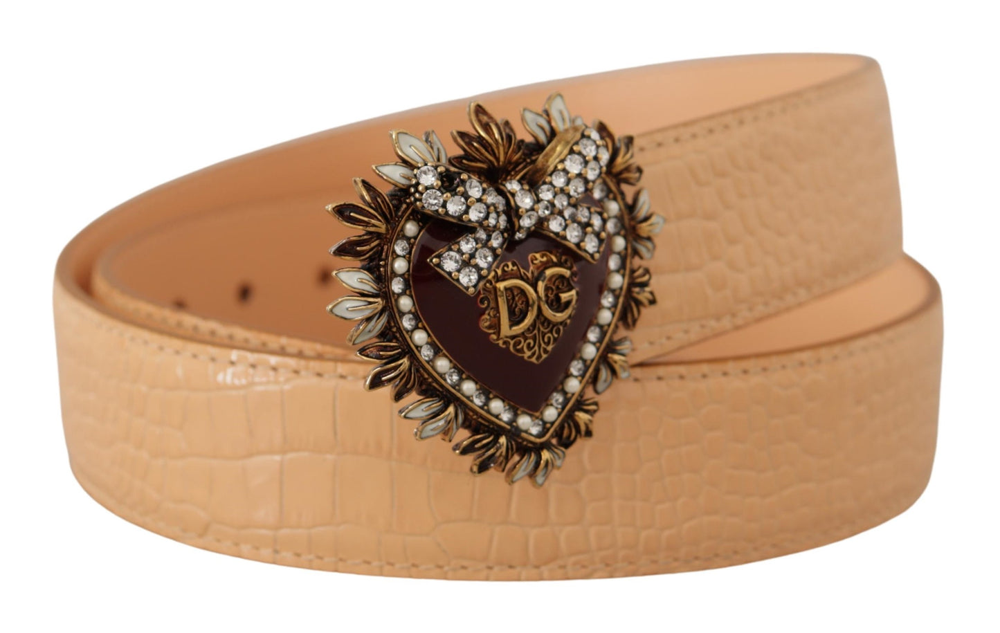 Dolce &amp; Gabbana – Beigefarbener DEVOTION-Gürtel mit Herz-DG-Schnalle und Krokodilmuster