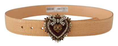Dolce &amp; Gabbana – Beigefarbener DEVOTION-Gürtel mit Herz-DG-Schnalle und Krokodilmuster