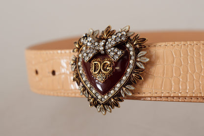 Dolce &amp; Gabbana – Beigefarbener DEVOTION-Gürtel mit Herz-DG-Schnalle und Krokodilmuster